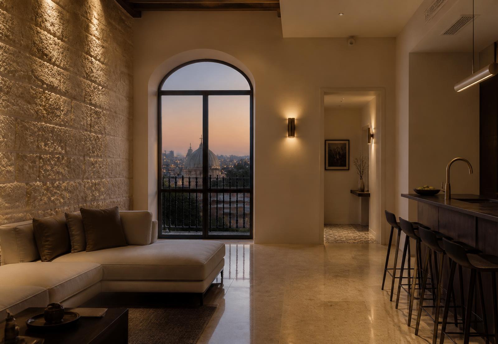 Luxury living room by Jerusalem Construction with Jerusalem stone wall, arched window and city view